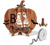 Mumufy Juego de letreros de huellas de Halloween para bebé, recuerdo de 11.8 x 13 pulgadas, placa de madera de calabaza con cinta fantasma para decoración personalizada de Halloween