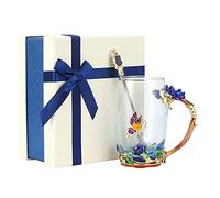 Mumusuki Taza de café de Vidrio, Taza de té con Diseño de Flor única Hecha a Mano con Cuchara, Perfecta para Oficina en Casa y (Rosa Azul 350ML)