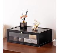 MUMUXIAO Armario de almacenamiento apilable con puertas, cofres de almacenamiento multiusos de madera maciza, impermeable, para balcón, ventana de bahía, sala de estar, cocina (negro, 50 x 33 x 17 cm)