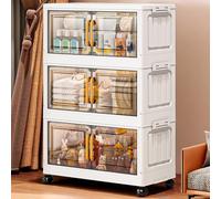 MUMUXIAO Contenedores de almacenamiento apilables de plástico con tapas, cajas de almacenamiento plegables con puertas y ruedas, organizadores de armario plegables para sala de estar y oficina