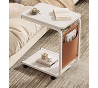 MUMUXIAO Mesa auxiliar para sofá cama con bolsillo de almacenamiento, mesa auxiliar en forma de C, mesa de TV para trabajar, estudiar, comer, mesas auxiliares móviles con ruedas (blanco)