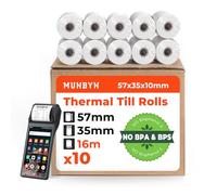 MUNBYN Rollo Papel Térmico 57mm x35mm x16m Papel Datafono, Papel Termico para Máquinas PDQ, POS, EPOS, Impresora Tickets- Papel TPV 57mm [10 Rollos]- Libre de BPA/BPS