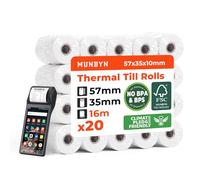 MUNBYN Rollo Papel Térmico 57mm x35mm x16m Papel Datafono, Papel Termico para Máquinas PDQ, POS, EPOS, Impresora Tickets- Papel TPV 57mm [20 Rollos]- Libre de BPA/BPS