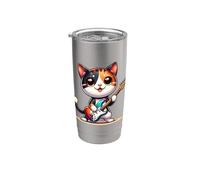 Munchkin Cat Musician - Guitarra eléctrica Whimsy Art Vaso térmico de acero inoxidable de doble pared