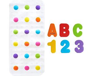 Munchkin Dandy Dots Colourful Children’s Non Slip Bath Mat/Baby Bath Tub Mat/Bathroom Mat with Suction Cups, Multi Colour, 77.5 x 36.2 cm & Juguetes para el Baño - Letras y Números