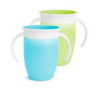 Munchkin Miracle 360 6+ Month 7oz Baby Sippy Cups (2-Pack). Free Flow Beaker for Toddlers. Trainer Cup, BPA-Free, Spill-Free, Dishwasher-Safe Baby Water Bottle with Easy-Grip Handles. (Blue/Green)