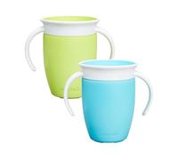 Munchkin Miracle 360 6+ Month 7oz Baby Sippy Cups (2-Pack). Free Flow Beaker for Toddlers. Trainer Cup, BPA-Free, Spill-Free, Dishwasher-Safe Baby Water Bottle with Easy-Grip Handles. (Blue/Green)