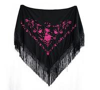 MUNDDY - Manton Bordado en Flores Para Adulto. Mantones Flamenco Sevillana.Mantón para fiesta de Color Rojo Negro Rosa Blanco Amarillo Azul. Envio desde madrid (Negro-Fussia)