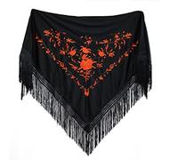 MUNDDY - Manton Bordado en Flores Para Adulto. Mantones Flamenco Sevillana.Mantón para fiesta de Color Rojo Negro Rosa Blanco Amarillo Azul. Envio desde madrid (Negro-Naranja)