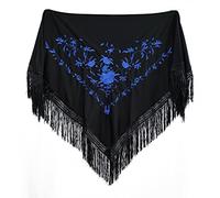 MUNDDY - Manton Bordado en Flores Para Adulto. Mantones Flamenco Sevillana.Mantón para fiesta de Color Rojo Negro Rosa Blanco Amarillo Azul. Envio desde madrid (Negro-Azul oscuro)