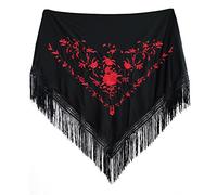 MUNDDY - Manton Flamenco Bordado en Flores Para Adulto, para fiesta de Sevillana de Color Rojo Negro Rosa Blanco Amarillo Azul. Envio desde madrid (Negro-Rojo)