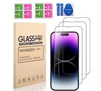 MUNDDY - Pack DE 3 Protectores de Pantalla Para iPhone 14 Pro Max (6,7") Cristal templado Antiarañazos, Antihuellas, Sin Burbujas, Dureza 9H, 0.33 mm Ultra Transparente, Ultra Resistente