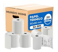 Mundo Home 20X Papel Térmico 80x80mm 60 GSM sin BPA - Papel Datáfono Impresión Rápida y Nítida para Cajas Registradoras y Tickets - Ideal para Impresoras Térmicas y Datáfonos, sin BPA