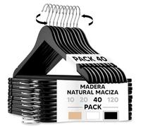Mundo Home 40X Perchas Madera Negra Maciza para Ropa - Perchas de Madera con Gancho Giratorio 360º - Perchas para Pantalones, Camisa, Traje, Vestidos - Colgadores de Ropa Antideslizante para Hogar