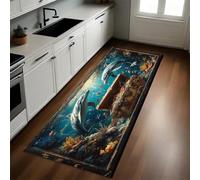Mundo Submarino Alfombra de Cocina 60 x 180 cm Delfines del Tesoro del océano Antideslizante y Lavable, Camino Multiusos Resistente al Desgaste, Antimanchas, Ideal para Bajo Fregadero y Fogones