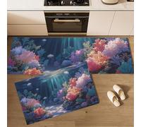 Mundo Submarino Fantasía Alfombra de Cocina, Ilustraciones Dibujos Animados Juego de alfombras de Cocina Antideslizantes adecuadas para habitación Puerta Exterior Cocina vestíbulo - 40x60+40x120cm