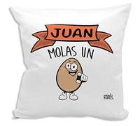 mundohuevo Cojin Decorativo, Original y Personalizado para Regalo con Nombre. Incluye Relleno. Juan Molas un Huevo. 42,5 X 42,5 cm. Cojines con Agradable Tacto de Algodon.