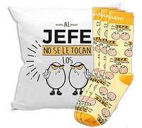 mundohuevo Cojin y trio de calcetines, originales y personalizados, regalo divertido. Al jefe no se le tocan los huevos. 1 calcetin gratis por el que se te pierde