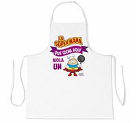 mundohuevo Delantal de Cocina Blanco con Frase Divertida “Esta Súper Mamá Cocina Aquí Mola un Huevo” - Regalo Original para Mamá, Día de la Madre, Cumpleaños