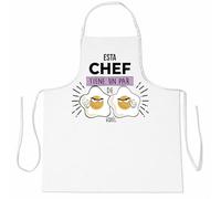 mundohuevo Delantal Divertido para Mamá Blanco - “Esta Chef Tiene un Par de Huevos” - Regalo Original para Mamá, Cocina, Cumpleaños o Día de la Madre