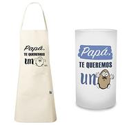 mundohuevo. Delantal y jarra con la frase “Papá te queremos un huevo”| Haz un regalo único.| Delantal 100% poliéster.| Jarra de cristal esmerilado de primera calidad| Capacidad de 80 x 150 mm|
