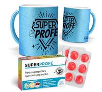 mundohuevo Idea Regalo Profesor Fin de Curso | Taza Azul Purpurina Super PROFE + Caramelos Divertidos SUPERPROFE | 12 Pastillas sin azúcar Sabor Cereza en Blister + Taza 350 ml