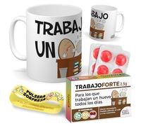 mundohuevo Kit regalo personalizado para trabajo | Taza Trabajo un huevo + Caramelos divertidos + Pulsera sorpresa | Regalo divertido, original y único para compañeros, cumpleaños, navidad.