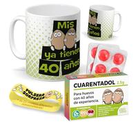 mundohuevo Kit regalo personalizado | Taza Mis huevos ya tienen 40 años + Caramelos divertidos + Pulsera sorpresa | Regalo divertido, original y único para 40 cumpleaños.