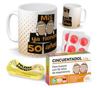 mundohuevo Kit regalo personalizado | Taza Mis huevos ya tienen 50 años + Caramelos divertidos + Pulsera sorpresa | Regalo divertido, original y único para 50 cumpleaños.