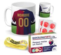 mundohuevo Kit regalo personalizado | Taza personalizada con nombre y número fútbol Barcelona + Caramelos divertidos + Pulsera sorpresa | Regalo divertido, original y único para aficionados