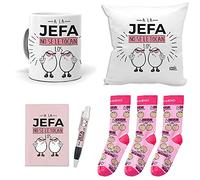 mundohuevo Mega Regalo Personalizado para Jefas. A la jefa no se le tocan los Huevos. Taza, cojin, libreta, boli y Trio de Calcetines
