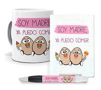 mundohuevo Pack Original y Personalizado Madres primerizas. Soy Madre, ya Puedo Comer Huevos. Libreta, boligrafo y Taza Maxima Calidad.
