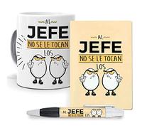 mundohuevo Pack Original y Personalizado para Regalo, con Expresiones y Frases graciosas. Al Jefe no se le tocan los Huevos Libreta, boligrafo y Taza Maxima Calidad.