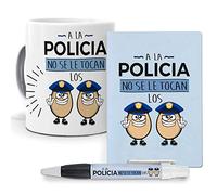 mundohuevo Pack Original y Personalizado para Regalo de Trabajos y Profesiones. A la policia no se le tocan los Huevos. Libreta, boligrafo y Taza Maxima Calidad.
