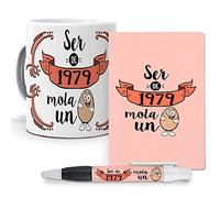 mundohuevo Pack Original y Personalizado para Regalo, Ideal para cumpleaños, con año de Nacimiento. Ser de 1979 Mola un Huevo. Libreta, boligrafo y Taza Maxima Calidad.