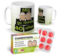mundohuevo Pack Regalo 40 Años Hombre| Taza Divertida “Mis Huevos ya tienen 40 Años” + Caramelos de Broma Cuarentadol | Detalle Original y Gracioso para Cumpleaños Especial | Capacidad 350ml