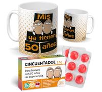mundohuevo Pack Regalo 50 Años Hombre| Taza Divertida Mis Huevos ya tienen 50 Años + Caramelos de Broma Cincuentadol | Detalle Original y Gracioso para Cumpleaños Especial