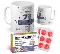 mundohuevo Pack Regalo 70 Años Mujer: Taza Divertida “Estás Estupenda, ya tienes 70 y no los aparentas” + Caramelos de Broma Estupendina 70 | Detalle Original y Gracioso para Cumpleaños Especial