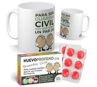 mundohuevo Pack Regalo Guardia Civil Original Taza Divertida “Para ser Guardia Civil hay que Tener un Par de Huevos” + Caramelos de Broma Huevoprofeno | Detalle Gracioso y Diferente