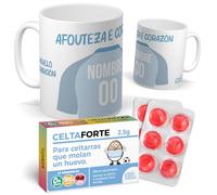 mundohuevo Pack regalo personalizado | Taza personalizada con nombre y número fútbol Celta + Caramelos divertidos | Regalo divertido, original y único para aficionados (Real Club Celta de Vigo)