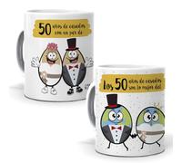 mundohuevo Par de tazas con texto| Frases “50 años de casados son lo mejor del mundo” y “50 años de casados con un par de huevos”| Capacidad 350 ml| Taza de cerámica AAA.