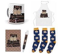 mundohuevo Que Regalar para 60 cumpleaños Hombre. Mis Huevos ya Tienen 60 años. Taza,Delantal, libreta, boli y Trio de Calcetines
