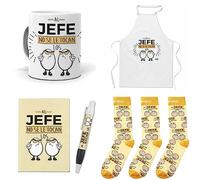 mundohuevo Que Regalar para Jefes. Al Jefe no se le tocan los Huevos. Taza,Delantal, libreta, boli y Trio de Calcetines