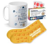 mundohuevo Regalo divertido dia del Padre | Taza personalizada AUNQUE A VECES LADRES ERES EL MEJOR PADRE, caramelos de broma PADREDOL y calcetines sorpresa.