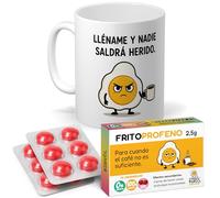mundohuevo Regalo Pack Original para Amigos, Pareja, Familia y Oficina | Taza Divertida “Lléname y nadie saldrá herido” 350 ml + 12 Caramelos de broma en blister Sin Azúcar con sabor cereza.