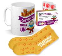 mundohuevo Regalo para el día de la Madre | Taza de Cerámica + Calcetín Sorpresa + Caramelos SuperMama | Super Mamá que bebe aquí Mola | Detalle Original