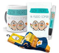 mundohuevo Super Regalo Dia del Padre. Soy Padre ya Puedo Comer Huevos. Taza, libreta, boli y Trio de Calcetines