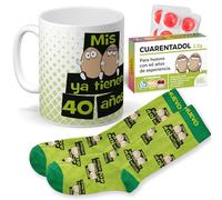 mundohuevo Super Regalo Personalizado para 40 cumpleaños Hombre | Taza de Cerámica + Calcetín 40 hombre + Caramelos |Mis huevos ya tienen 40 años | Detalle Original Día del Padre, amigos