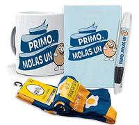 mundohuevo Super Regalo Personalizado para primos. Primo molas un Huevo. Taza, libreta, boli y Trio de Calcetines