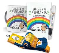 mundohuevo Super Regalo Personalizado y Divertido. Gracias a ti superamos el coronavirus. Taza, libreta, boli y Trio de Calcetines